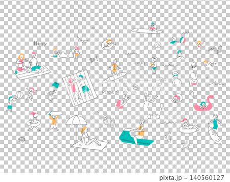 海水浴とマリンスポーツの手描き風イラストセット 140560127