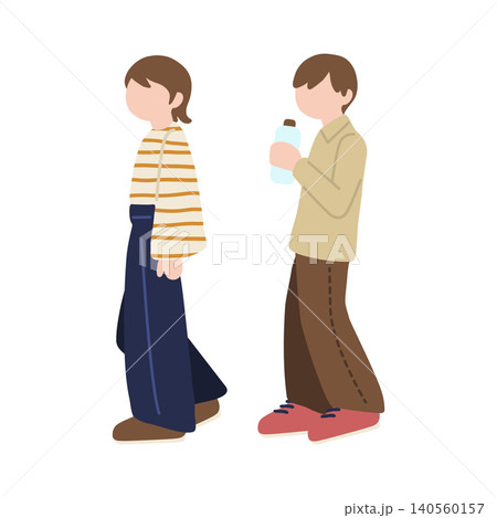 飲み物を持つ男性とボーダー服の女性が歩く日常人物イラスト 飲み物を持つ男性とボーダー服の女性が歩く日常人物イラスト 140560157