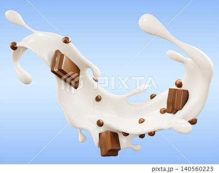 Milk splash wave with chocolate bar pieces and chips, white liquid flow with drops on blue 3d background. Hot cacao beverage, coffee frappe, choco ice cream, sweet dessert, cold drink. 3D illustration 140560223
