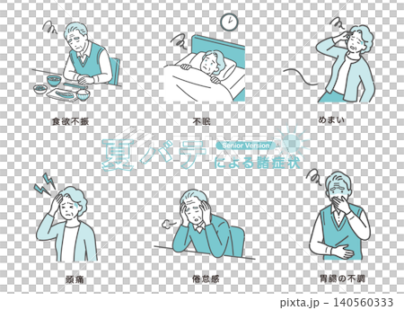 一組描繪夏季疲勞引起的各種症狀的插圖（老年人版） 140560333