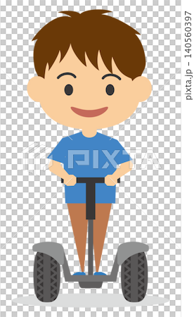 一幅描繪男子騎著電動站立式自行車的插圖。 一幅描繪男子騎著電動站立式自行車的插圖。 140560397