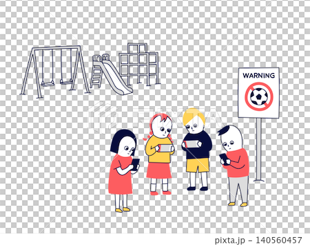 孩子們在禁止球類運動的公園玩智慧型手機和隨身遊戲機。 孩子們在禁止球類運動的公園玩智慧型手機和隨身遊戲機。 140560457
