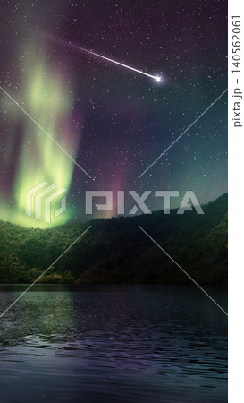 A stunning night landscape featuring the green and purple aurora borealis and a bright shooting star streaking across a starry sky over a calm lake surrounded by hills A stunning night landscape featuring the green and purple aurora borealis and a bright shooting star streaking across a starry sky over a calm lake surrounded by hills 140562061