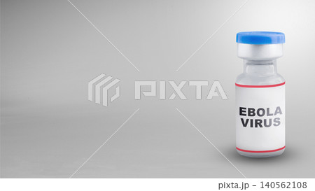 A close-up studio shot of a glass medical vial labeled Ebola Virus, isolated on a clean, neutral grey background, representing immunization, medicine, and disease control A close-up studio shot of a glass medical vial labeled Ebola Virus, isolated on a clean, neutral grey background, representing immunization, medicine, and disease control 140562108