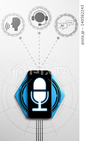 Infographic showing a smartphone with a microphone icon connected to voice recognition, customer support headset, and AI chat icons Infographic showing a smartphone with a microphone icon connected to voice recognition, customer support headset, and AI chat icons 140562243