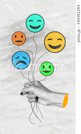 Contemporary art collage showing a hand holding colorful balloons with happy, sad, and neutral expressions, representing human emotions and mental health Contemporary art collage showing a hand holding colorful balloons with happy, sad, and neutral expressions, representing human emotions and mental health 140562264