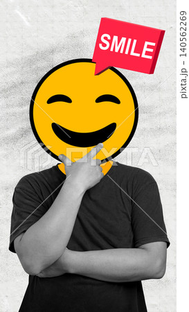 Creative art collage depicting a man in a thinking pose with a yellow smiling emoji head, topped with a red 3D speech bubble containing the word 'Smile' 140562269