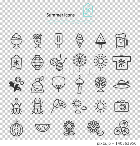 Simple line-drawing icon illustrations themed around Japanese summer and festivals, such as shaved ice and fireworks. Simple line-drawing icon illustrations themed around Japanese summer and festivals, such as shaved ice and fireworks. 140562950
