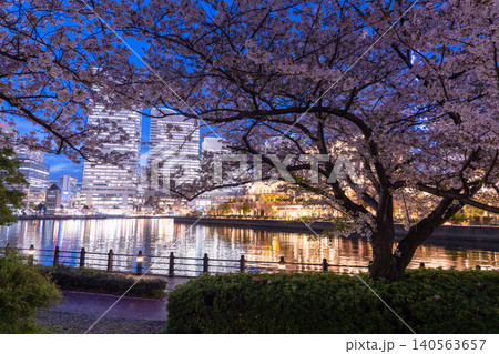 みなとみらいの夜景と汽車道の夜桜の風景 みなとみらいの夜景と汽車道の夜桜の風景 140563657
