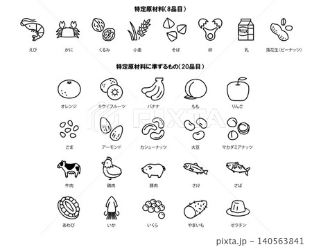 特定原材料8品と特定原材料に準ずるもの20品目のイラストセット、モノクロ 140563841