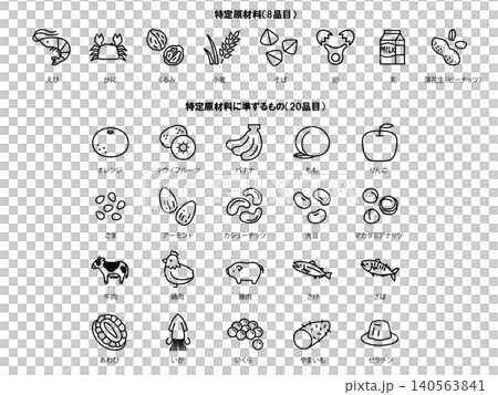 特定原材料8品と特定原材料に準ずるもの20品目のイラストセット、モノクロ 140563841