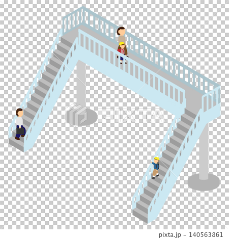 An illustration of an isometric figure crossing a pedestrian overpass. An illustration of an isometric figure crossing a pedestrian overpass. 140563861