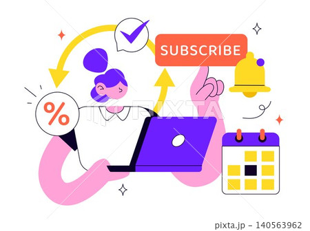 Subscription Vector Illustration Featuring Email Marketing, Membership Plans, Subscriber Management, Digital Notifications, and Online Service Subscription Vector Illustration Featuring Email Marketing, Membership Plans, Subscriber Management, Digital Notifications, and Online Service 140563962