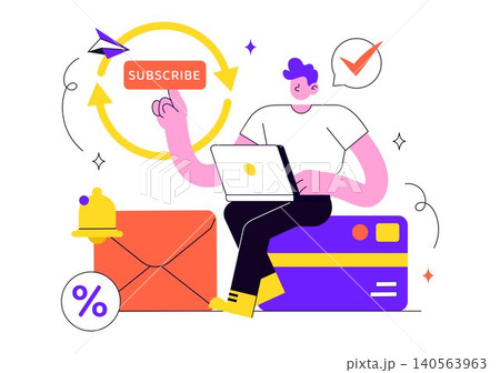 Subscription Vector Illustration Featuring Email Marketing, Membership Plans, Subscriber Management, Digital Notifications, and Online Service Subscription Vector Illustration Featuring Email Marketing, Membership Plans, Subscriber Management, Digital Notifications, and Online Service 140563963