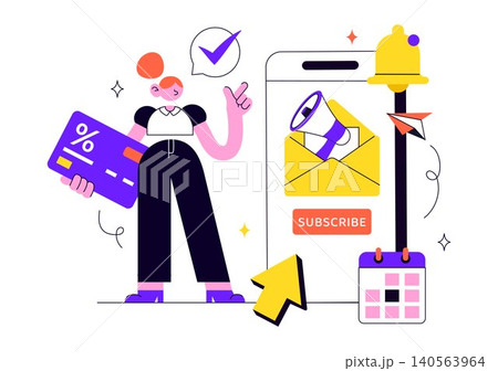 Subscription Vector Illustration Featuring Email Marketing, Membership Plans, Subscriber Management, Digital Notifications, and Online Service Subscription Vector Illustration Featuring Email Marketing, Membership Plans, Subscriber Management, Digital Notifications, and Online Service 140563964
