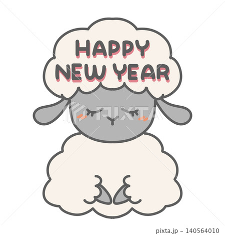 未年の年賀状素材 正座をした羊のキャラクターのイラストとHappyNewYearの文字 未年の年賀状素材 正座をした羊のキャラクターのイラストとHappyNewYearの文字 140564010