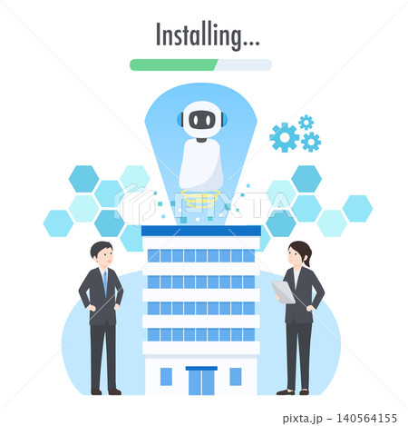 ビジネスのシステムにAIを導入しようとしている企業をイメージしたフラットデザインイラスト ビジネスのシステムにAIを導入しようとしている企業をイメージしたフラットデザインイラスト 140564155
