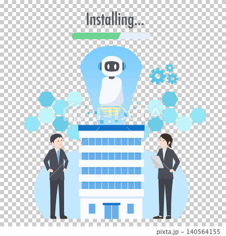ビジネスのシステムにAIを導入しようとしている企業をイメージしたフラットデザインイラスト ビジネスのシステムにAIを導入しようとしている企業をイメージしたフラットデザインイラスト 140564155