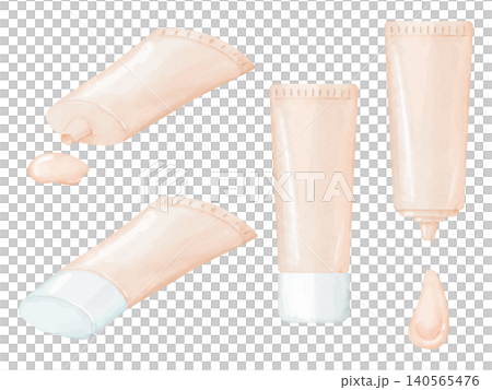 A set of watercolor-style illustrations of makeup primer in tube containers. 140565476