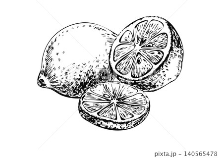Citrus lemon fruit trio with whole half and slice sketch. Hand drawn black ink composition isolated on white for mediterranean restaurant menu, organic juice packaging, and kitchen poster 140565478