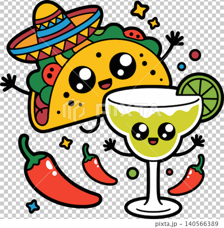 Cute Taco and Margarita Kawaii Mexican Fiesta Cartoon Illustration Cute Taco and Margarita Kawaii Mexican Fiesta Cartoon Illustration 140566389