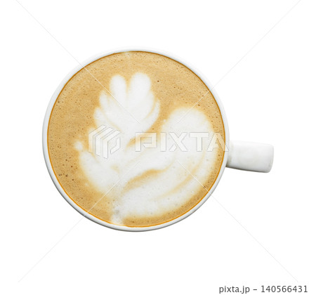 Top view of coffee latte art on cup isolated white background. Top view of coffee latte art on cup isolated white background. 140566431