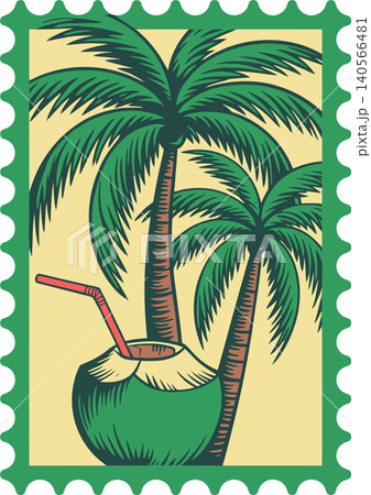 Tropical Coconut Palm Tree Postage Stamp Illustration Tropical Coconut Palm Tree Postage Stamp Illustration 140566481