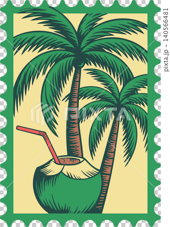 Tropical Coconut Palm Tree Postage Stamp Illustration Tropical Coconut Palm Tree Postage Stamp Illustration 140566481