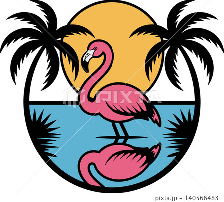 Pink Flamingo with Tropical Sunset and Palm Trees Illustration Pink Flamingo with Tropical Sunset and Palm Trees Illustration 140566483