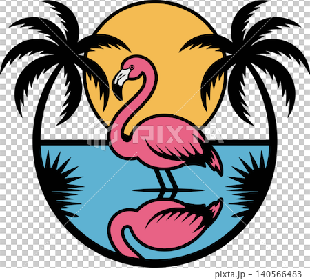 Pink Flamingo with Tropical Sunset and Palm Trees Illustration Pink Flamingo with Tropical Sunset and Palm Trees Illustration 140566483