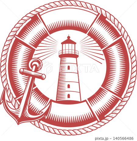 Vintage Lighthouse with Lifebuoy and Anchor Nautical Illustration Vintage Lighthouse with Lifebuoy and Anchor Nautical Illustration 140566486