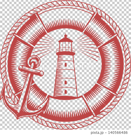 Vintage Lighthouse with Lifebuoy and Anchor Nautical Illustration Vintage Lighthouse with Lifebuoy and Anchor Nautical Illustration 140566486