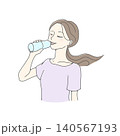ペットボトルの水を飲む髪をなびかせた女性のイラスト 140567193