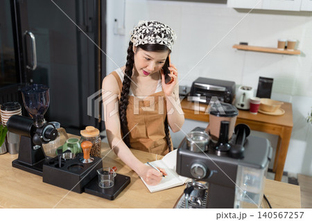 barista woman making coffee customer orders coffee preparation service concept. barista woman making coffee customer orders coffee preparation service concept. 140567257