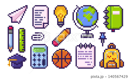 Pixel art school icons of educational supplies 140567429