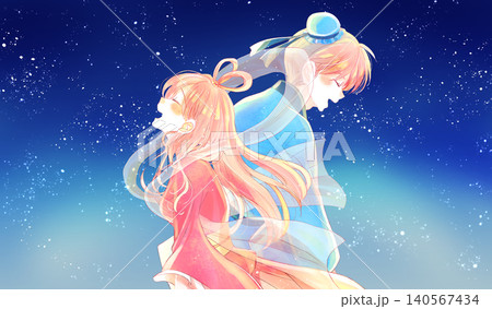 背中合わせの織姫と彦星イメージ 星空 背中合わせの織姫と彦星イメージ 星空 140567434