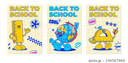 Back to school retro poster with groovy characters Back to school retro poster with groovy characters 140567469