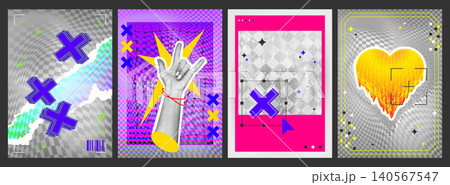 Y2K aesthetic posters with 3d geometric patterns Y2K aesthetic posters with 3d geometric patterns 140567547
