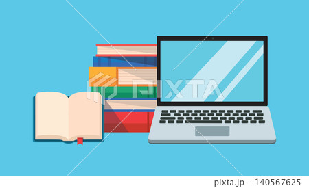 Laptop Computer with Books for Online Learning and Digital Education 140567625