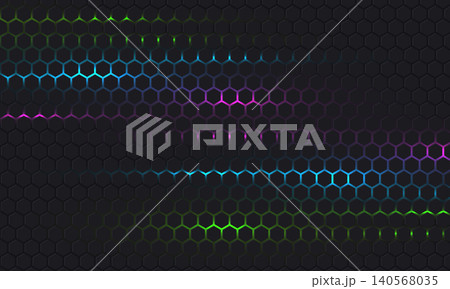 Dark gray hexagonal technology vector abstract background. Colored bright energy flashes under hexagon in modern technology futuristic background vector illustration. Dark gray honeycomb texture grid. 140568035