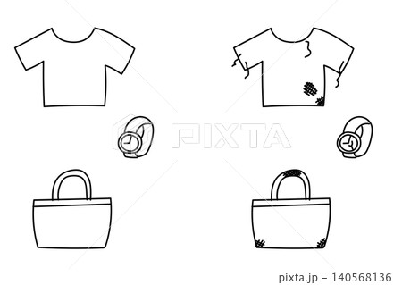 手描きのTシャツ、バッグ、腕時計の線画と不用品のセット 140568136