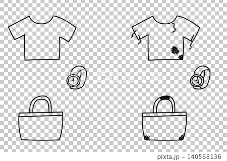 手描きのTシャツ、バッグ、腕時計の線画と不用品のセット 140568136