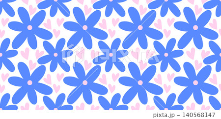 Stripe pattern heart with spring seamless floral for kids cute flower. Daisy botanical easter with kawaii decorative light for pink illustration blue. Design girly cover with repeat pastel motif. 140568147