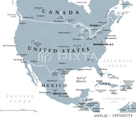 Canada, United States, and Mexico, gray political map of North America, showing Canada south of 60, USA, and Mexico, with capitals, largest cities, and borders of their states and provinces. Vector 140568254