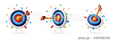 3d target icon with arrow hitting bullseye. 140568280