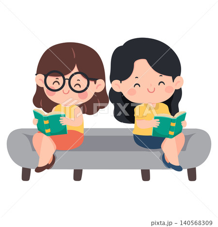 Two Girls Reading Books Together on Bench Two Girls Reading Books Together on Bench 140568309