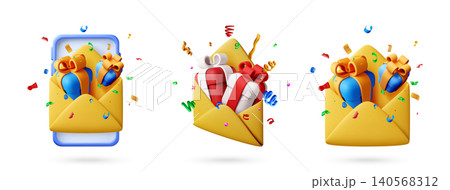 3d gift box in envelope with phone and confetti. 140568312
