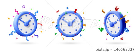 3d set of clocks with confetti for celebration. 140568337