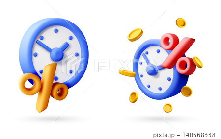 3d set clock and percentage sign with gold coins. 3d set clock and percentage sign with gold coins. 140568338