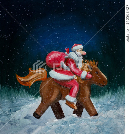 A Christmas illustration featuring Santa Claus on horseback, carrying gifts. Santa is hurrying through the dark winter night on Christmas Eve. Suitable for design, postcard templates, and prints. A Christmas illustration featuring Santa Claus on horseback, carrying gifts. Santa is hurrying through the dark winter night on Christmas Eve. Suitable for design, postcard templates, and prints. 140568427